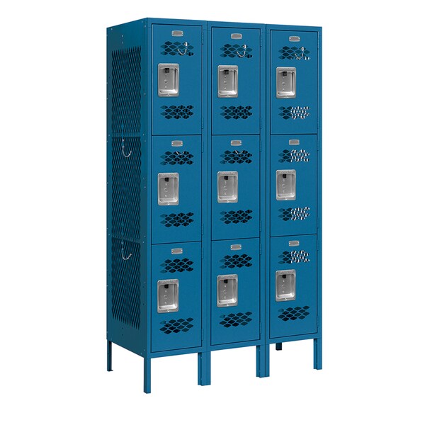 3 Tier Vented Locker, 36"Wx66"Hx18"D, 9 Door, Blue, Unassembled